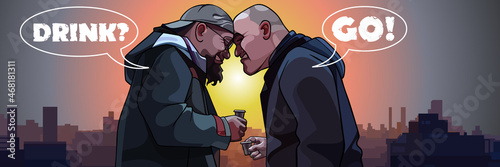 two men drinking aggressively while standing with glasses on the background of the city