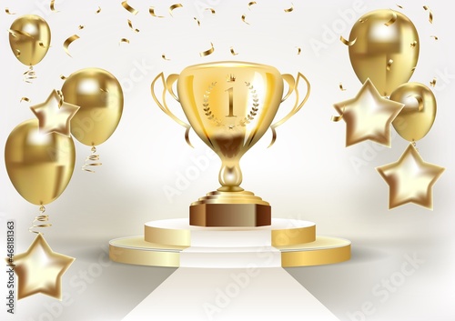 Realistic golden champion cup with circle podium. Isolated trophy winner gold cup.