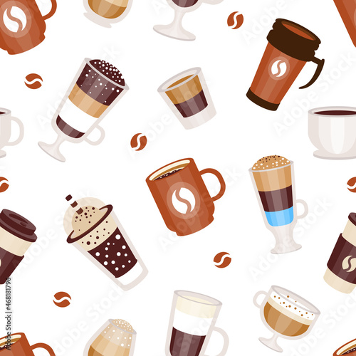 Coffee Types Poured in Mug and Cup Vector Seamless Pattern Template