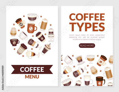 Coffee Types Poured in Mug and Cup Vector Card Cover Template
