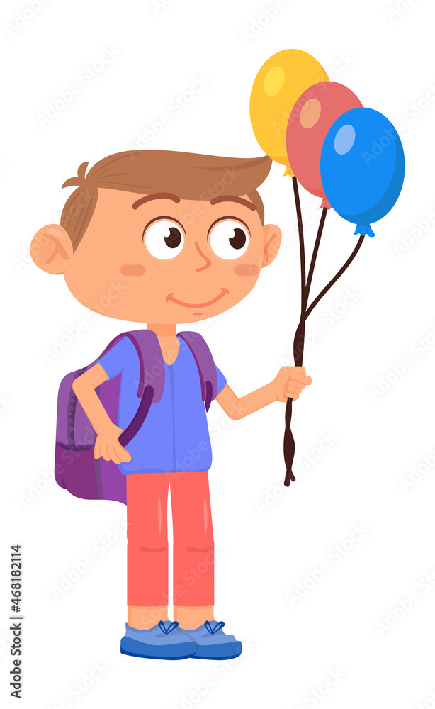 School boy with balloons. Happy holiday kid in cartoon style