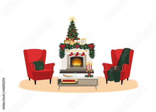 Armchairs and table with milk for Santa, carrot for deer, pillow, cat, book, candleholder. Fireplace with christmas tree, gifts, socks and garland. Flat cartoon style cute vector illustration.