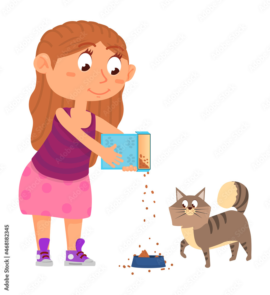 Girl feeding cat. Kid pouring food in pet bowl