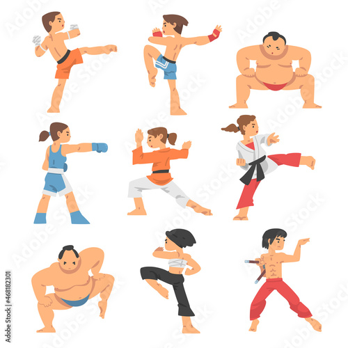 People Character Engaged in Combat Sport or Fighting Sport Competing Vector Illustration Set