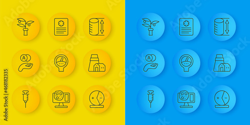 Set line Syringe, Atom, Gauge scale, Power station plant, Plant breeding, Height geometrical figure and Patient record icon. Vector