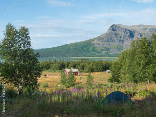 Camping site of Aktse Fjallstuga STF mountain cabin with small tent, hut, pink willowherb fowers, Laitaure lake, green hills and spruce birch trees forest. Kungsleden hiking trail, Sweden Lapland