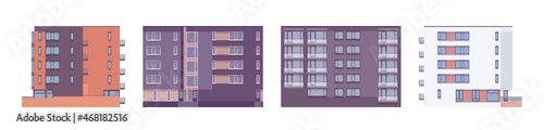 Multistorey apartment properties set, contemporary residency housing project. Construction, modern accommodation industry and urban architecture. Vector flat style cartoon illustration, modular units