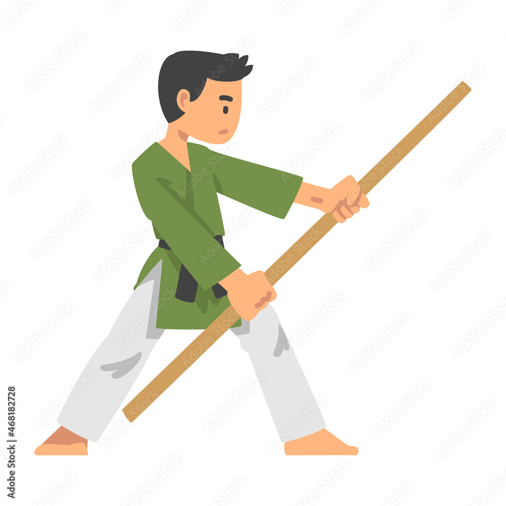 Man Character in Kimono with Stick Engaged in Combat Karate or Judo Sport or Fighting Sport Competing Vector Illustration Man Character in Kimono with Stick Engaged in Combat Karate or Judo Sport or Fighting Sport Competing Vector Illustration