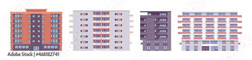 Multi story apartment set, functional and ergonomic modern design. Residential living apartment, conveniently designed commercial city building. Vector flat style cartoon illustration, modular units