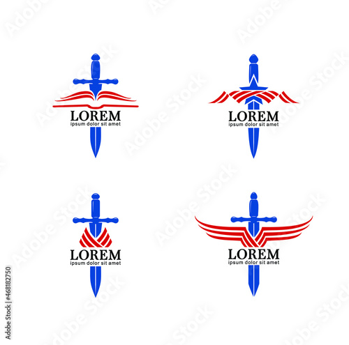 Set of vector images with sword, dagger, gladius, knife, stars and stripes, USA flag, rapier, design elements. Set of logos, labels, emblems, banners