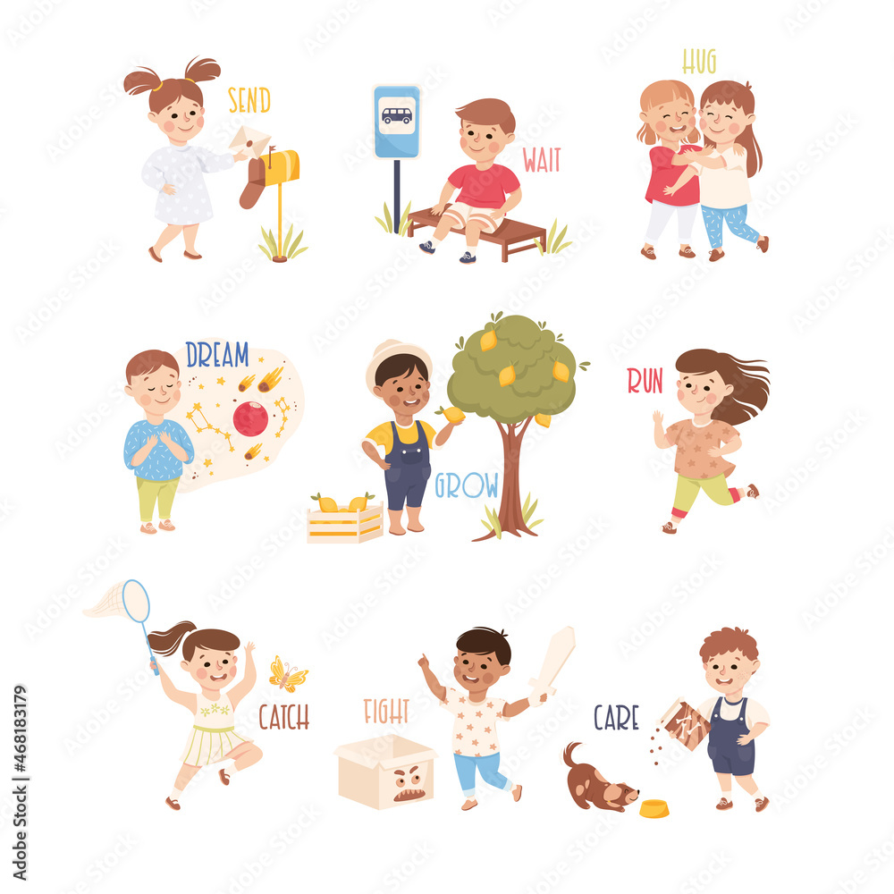 Little Kids Sending Letter, Growing Lemon Tree and Waiting for Bus Vector Set Little Kids Sending Letter, Growing Lemon Tree and Waiting for Bus Vector Set