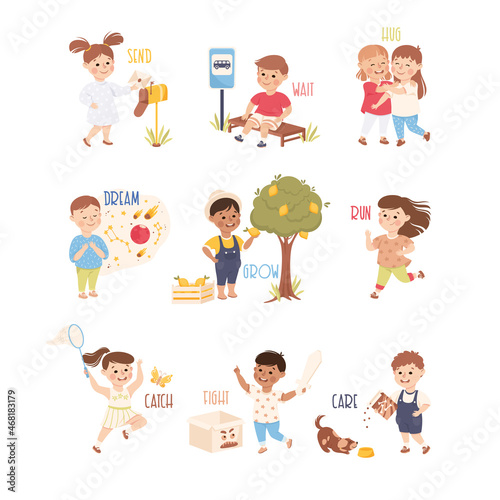 Little Kids Sending Letter, Growing Lemon Tree and Waiting for Bus Vector Set