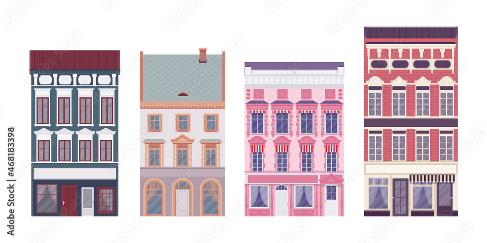 Townhouse set, residential building, merchant house, city property option, architecturally different, detached neighboring homes for pleasant living environment. Vector flat style cartoon illustration