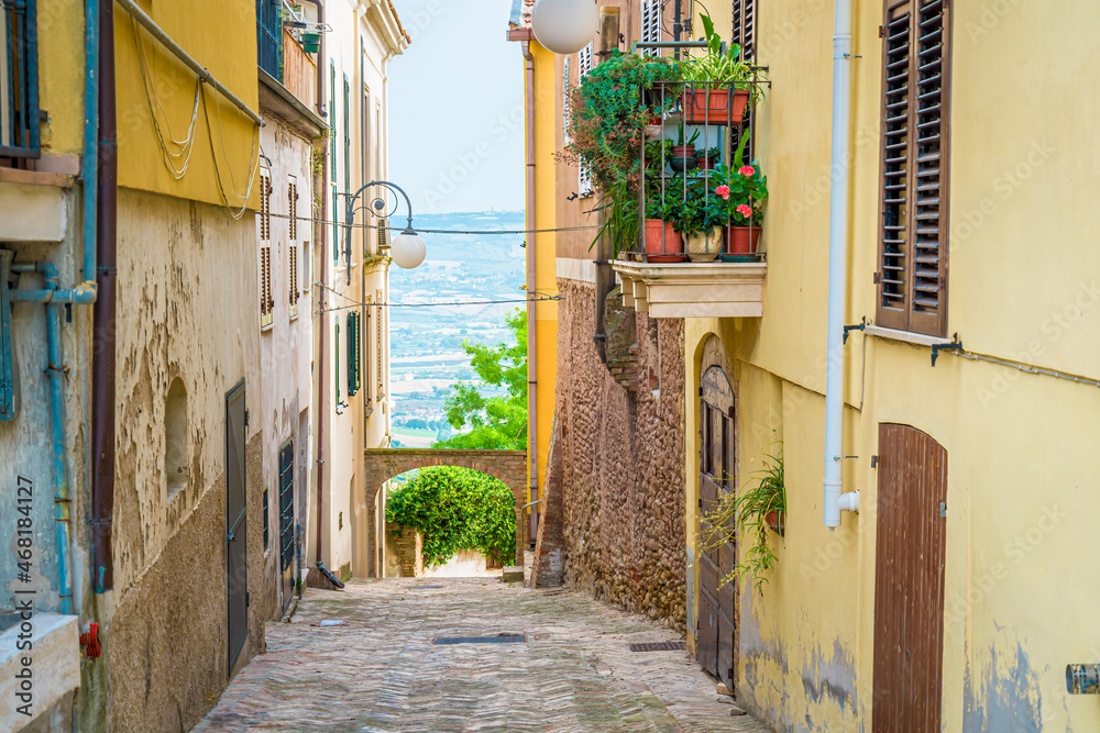 Streets and alleys in old town of Montepagano, medieval pearl near Roseto degli Abruzzi, Abruzzo, Italy.