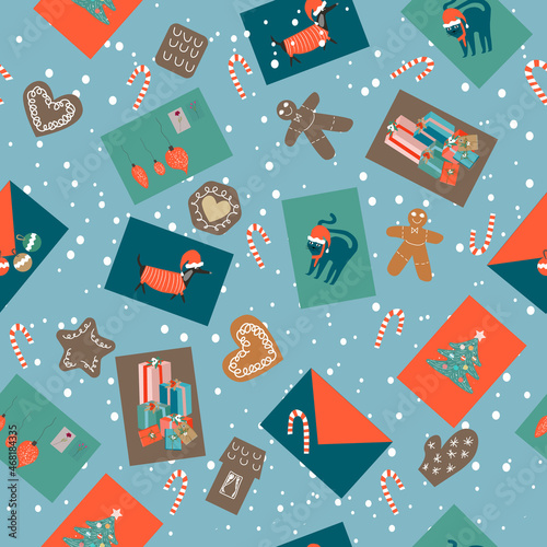 Christmas seamless postal pattern. Santa Claus postmark cachet, winter holiday postage card stamp and north pole mail. Vector illustration. 