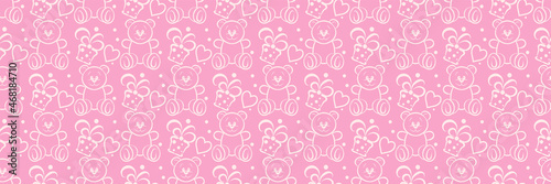 Beautiful background pattern with children's toys: teddy bears, hearts and gifts for your design on a pink background. Seamless background for wallpaper, textures. Vector illustration.