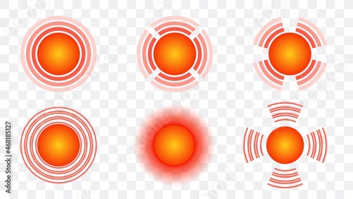 Point pain Pain localization mark Set of abstract symbols of pain Red circles radar icons Symbols for medical design Vector illustration Body painful spot marks Muscle pain, painful headaches or healt