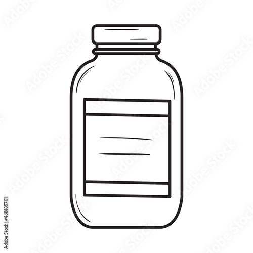 Sketch illustration of medicine bottle. Drugstore product. Black outline doodle of pills container. Isolated drawing on white