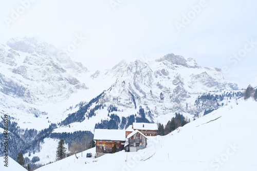 beautiful winter landscape, snow-covered trees, mountainpass, snowfall in the mountains, Swiss Alps in the snow, walks in the winter white forest, tourism, winter sports