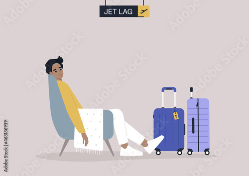 A young male character suffering because of the jet lag, travel downsides, time zone difference
