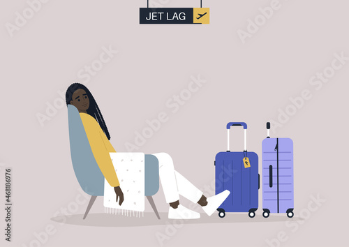 A young female African character suffering because of the jet lag, travel downsides, time zone difference