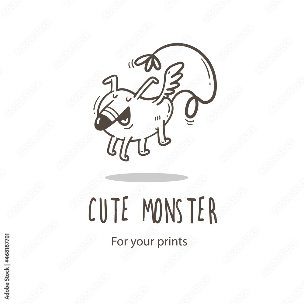 Vector card with cute cartoon monster. Funny fictional animal . Doodle line art creature print. Childrens fairy tale poster. Vector card with cute cartoon monster. Funny fictional animal . Doodle line art creature print. Childrens fairy tale poster.