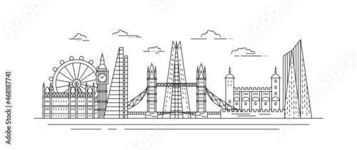 London City Black Thin Line Landscape Urban Building Architecture Panorama Scene Concept. Vector illustration of Lineart Cityscape