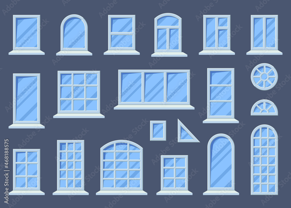 Cartoon Windows White Frames Icons Set Flat Design Style Element of House Architecture . Vector illustration of Plastic Window