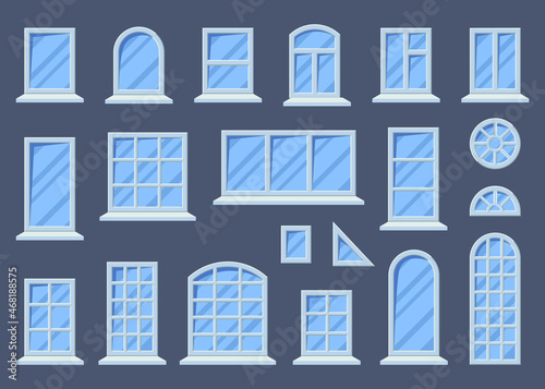 Cartoon Windows White Frames Icons Set Flat Design Style Element of House Architecture . Vector illustration of Plastic Window