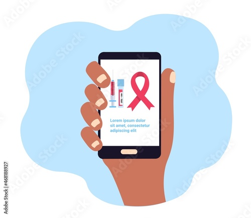 HIV testing concept landing page on smartphone. Test tube with blood, syringe and red ribbon on white background