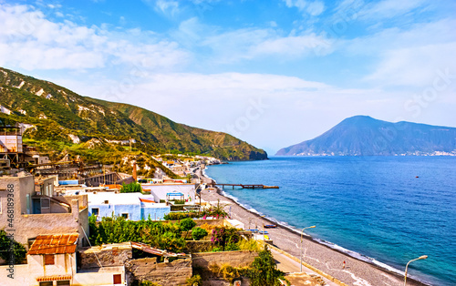 The village of Acquacalda with its scenic coastline, Lipari Island, Sicily, Italy