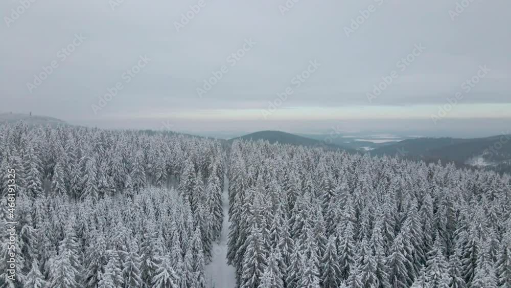 Aerial view of Thuringian forest in winter. Drone footage. Fly over winter forest with a lot of snow. Drone fly Aerial view of Thuringian forest in winter. Drone footage. Fly over winter forest with a lot of snow. Drone fly