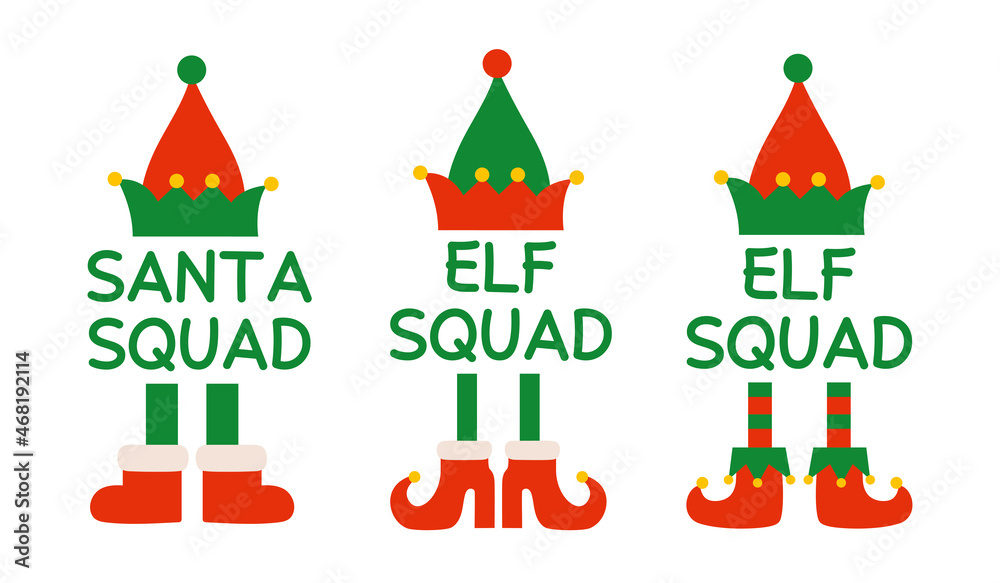 Santa Claus squad Christmas design. Cartoon elf squad isolated  illustrations. Elf hat and elf shoes. Christmas monogram Stock Vector |  Adobe Stock
