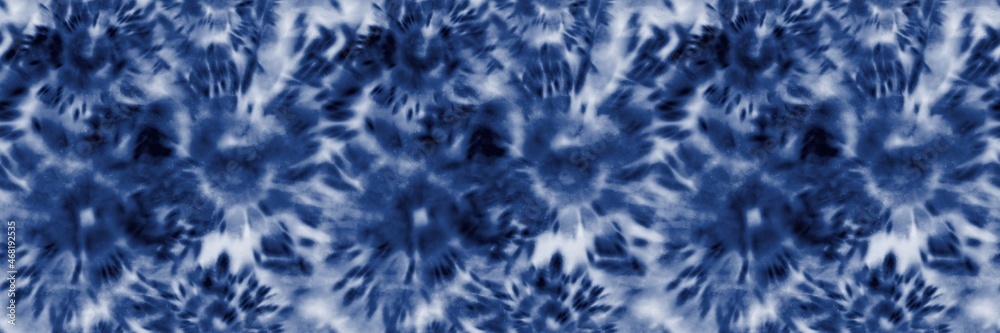 Seamless indigo tie dye 1970s funky hippie repeat pattern swatch motif for surface design and print. High quality illustration. Vibrant navy blue apparel material print. Psychedelic textile design. Seamless indigo tie dye 1970s funky hippie repeat pattern swatch motif for surface design and print. High quality illustration. Vibrant navy blue apparel material print. Psychedelic textile design.