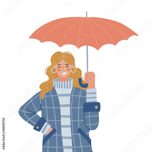 Woman in coat and swaeter under open umbrella, protecting her from autumn rain. Person in warm casual clothes holding parasol and smiling. Flat vector illustration isolated on white background