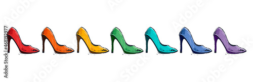 Row of woman high heeled shoes in rainbow colors, vector illustration