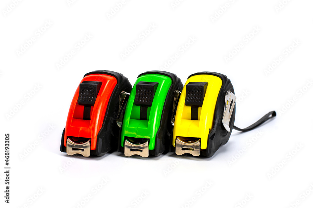 Red, yellow and green tape measure, isolated on white background.. Red, yellow and green tape measure, isolated on white background..