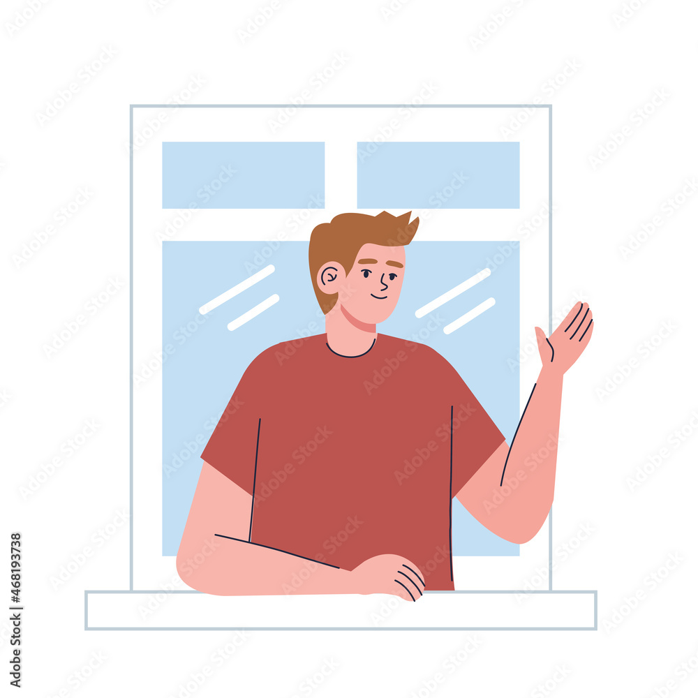 man greeting in window man greeting in window
