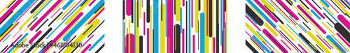 Abstract colorful lines background. Geometric lined pattern set. Striped wallpapers in 90's retro colors