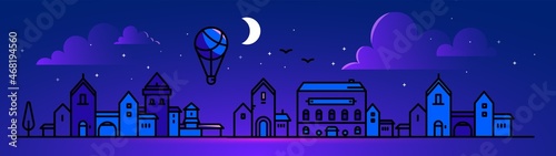 Vector illustration of night city street on color sky background with cloud and fly air balloon. Line art style city panorama design with moon