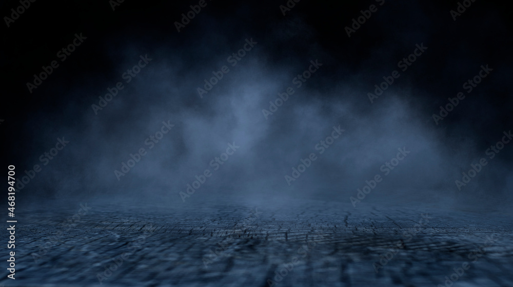 Dark street, wet asphalt, reflections of rays in the water. Abstract dark blue background, smoke, smog. Empty dark scene, neon light, spotlights. 