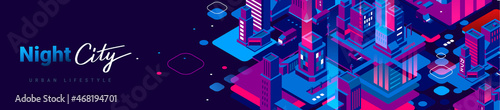 Vector abstract illustration of neon color night city street with light and word night city. Isometric style background design