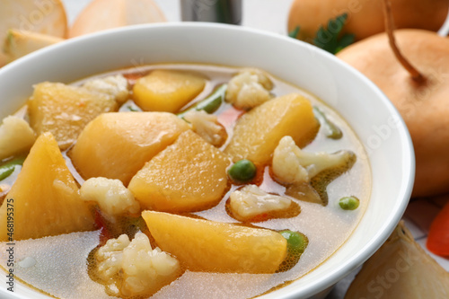 Bowl of delicious turnip soup, closeup view