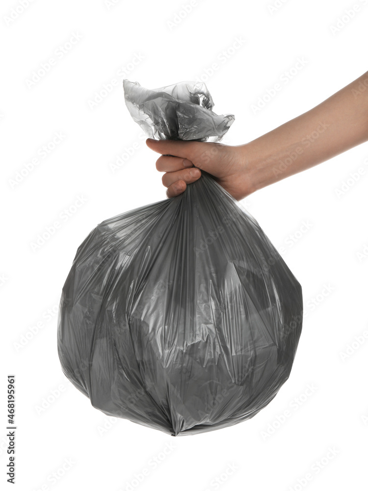 Woman holding trash bag filled with garbage on white background, closeup  Stock Photo | Adobe Stock