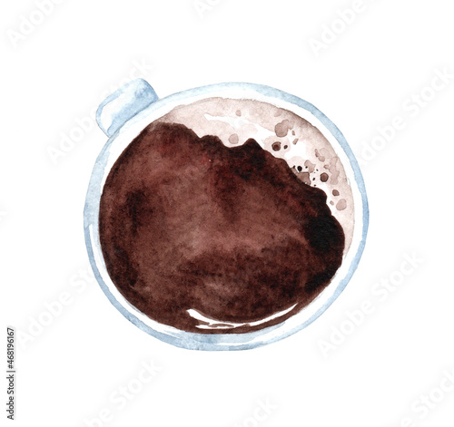 Mug with hot coffee on a white background. Watercolor illustration. Espresso, Americano. View from above.