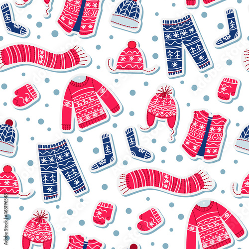 Winter seamless pattern with warm clothes.