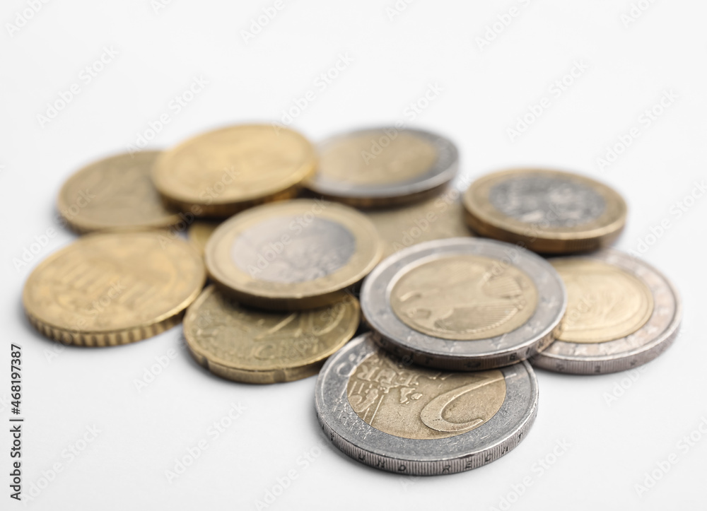 Pile of Euro coins on white background, closeup Pile of Euro coins on white background, closeup