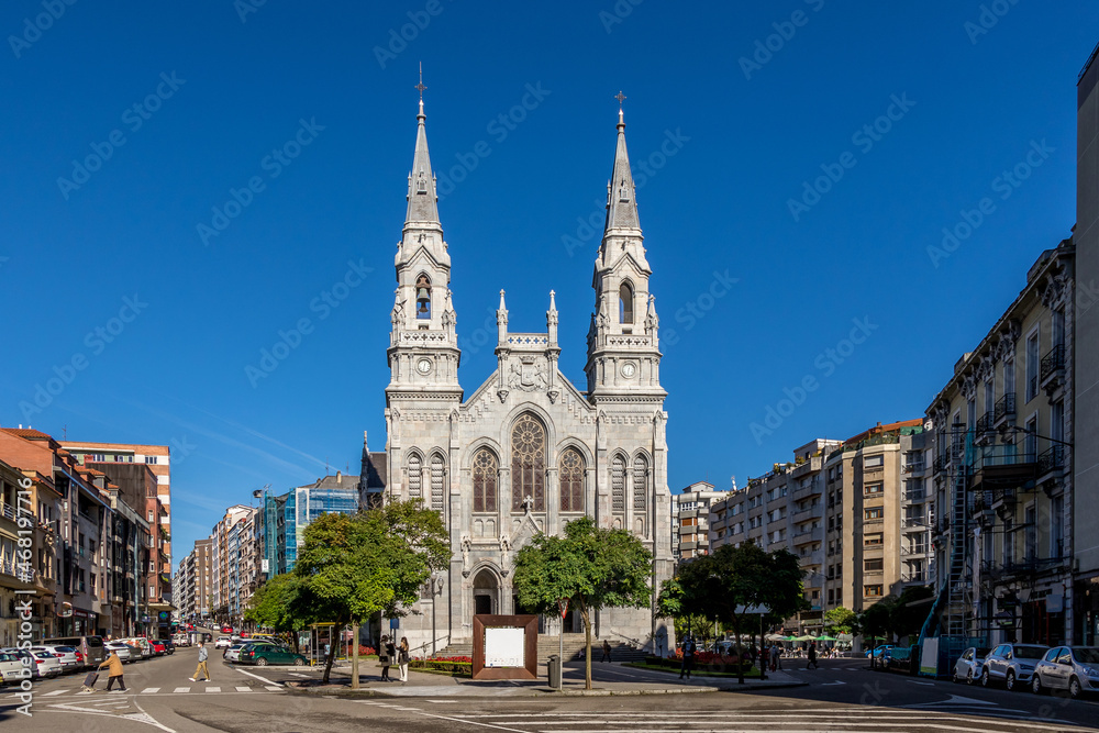 Fototapeta premium Aviles - Spain. City Streets, Colegio San Nicolás de Bari, Iglesia de Santo Tomás de Canterbury, sidrerias. Beautiful city streets in Aviles - Spain
