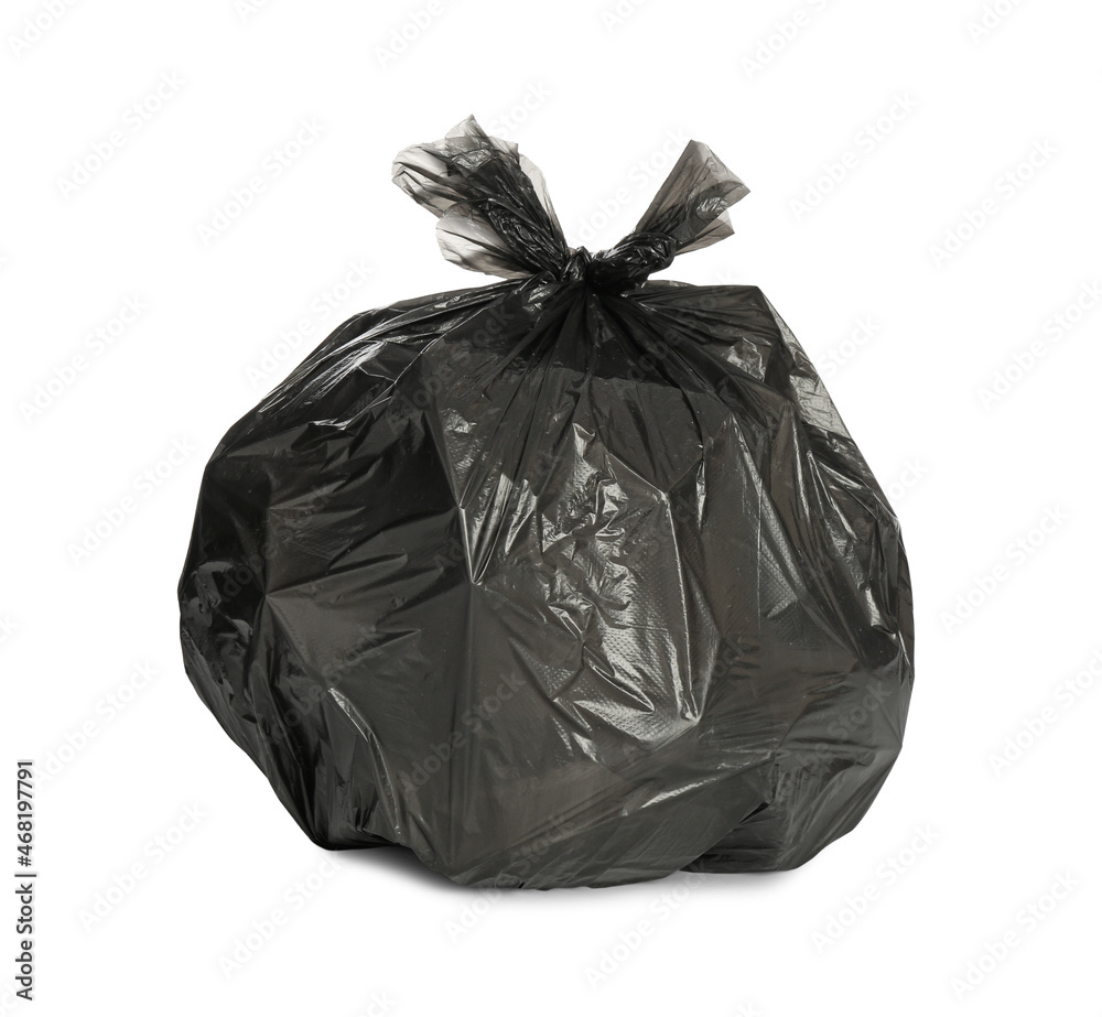 Black trash bag filled with garbage isolated on white Black trash bag filled with garbage isolated on white