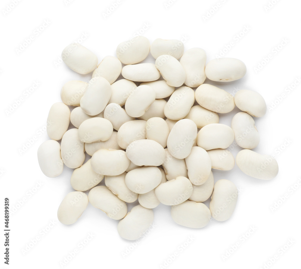 Pile of uncooked navy beans on white background, top view Pile of uncooked navy beans on white background, top view